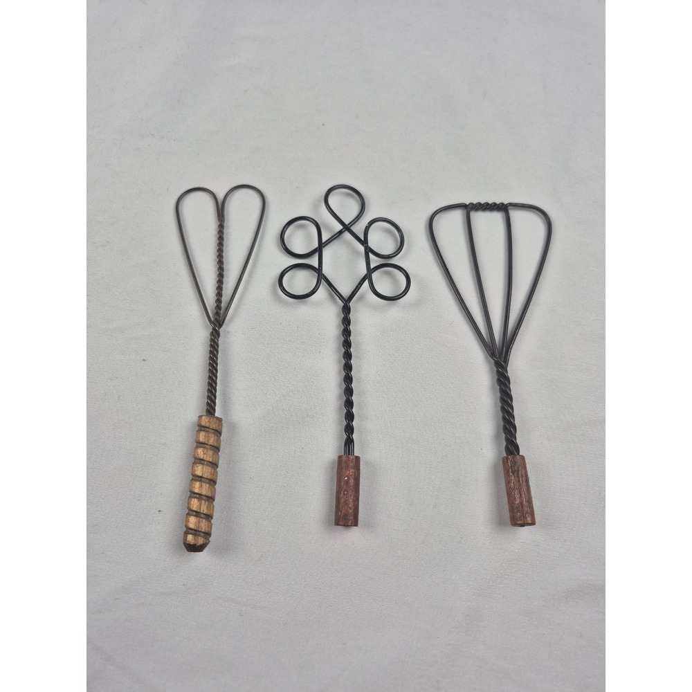 Vintage Miniature Wire Folk Art Decor Set of 3 Rug Beater Style Wood Handles